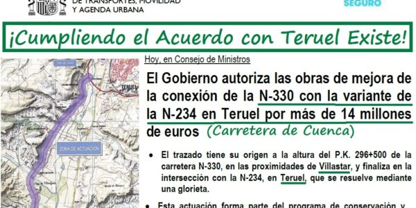Licitan las obras de la N-330 entre Teruel y Villastar cumpliendo el Acuerdo con Teruel Existe, como recogía el informe de Moncloa