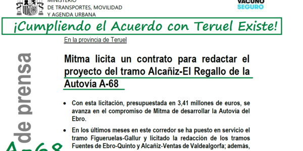 Cumpliendo el Acuerdo con Teruel Existe, licitan el proyecto del tramo Alcañiz – El Regallo de la A-68. Cuatro tramos  avanzan