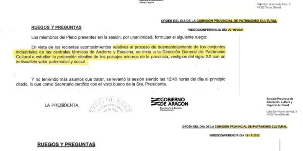 Teruel Existe desmiente al consejero Faci con las actas de la Comisión Provincial de Patrimonio que pedían proteger la Central de Andorra